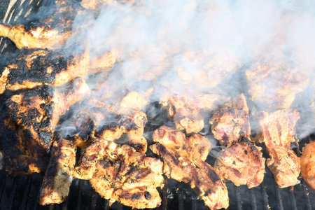 Meat on the grill. Chef cooking grilling mix of fresh grilled chicken meat in a large pan, outdoor BBQ outside concept. Chicken tights, wings, breast, ready to be served during picnic or family eventの写真素材