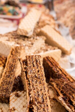 Macro photo food waffle cookie. Texture background fresh sweet waffle cookies Product Image Baking waffle Cookies. Candy bar during food festival street foodの写真素材