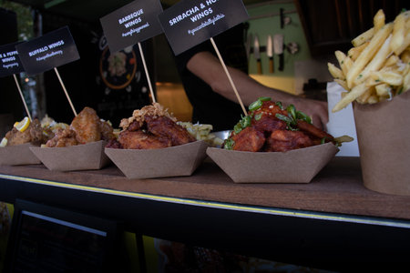 fast food festival. Outdoor catering event, brunch or outside dinner party with fast food.