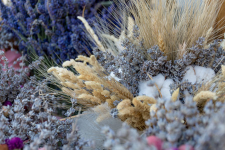 Summer Flowers. Bouquet of wild flowers, top view, copy space. Summer or eco friendly lifestyle concept.の写真素材
