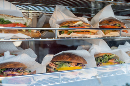 Sandwiches display during fast food festival outdoor event. Outside catering. Food Buffet Catering...