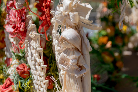 Handmade wheat leaves decorations. Summer Flowers. Bouquet of wild flowers, top view, copy space....