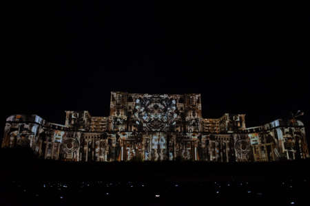 Bucharest, Romania, 21st of September 2019: Projections on Palatul Parlamentului landmark building in Bucharest. The Parliament bathed in light with images for the IMAPP 2019 VideoMapping competitionのeditorial素材
