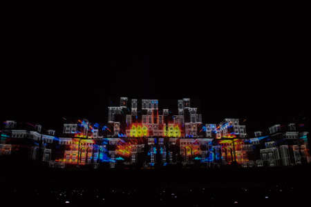 Bucharest, Romania, 21st of September 2019: Projections on Palatul Parlamentului landmark building in Bucharest. The Parliament bathed in light with images for the IMAPP 2019 VideoMapping competitionのeditorial素材