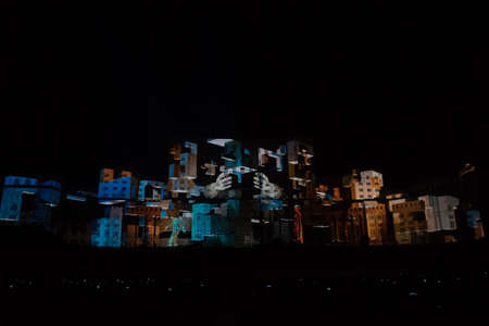 Bucharest, Romania, 21st of September 2019: Projections on Palatul Parlamentului landmark building in Bucharest. The Parliament bathed in light with images for the IMAPP 2019 VideoMapping competitionのeditorial素材