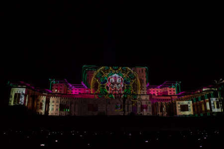 Bucharest, Romania, 21st of September 2019: Projections on Palatul Parlamentului landmark building in Bucharest. The Parliament bathed in light with images for the IMAPP 2019 VideoMapping competitionのeditorial素材