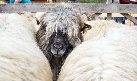 Sheepfold view from above or closeup. Cute portrait of male sheep looking at the camera. Hipster sheep bad ass fur animal for sale during country fair market.Beautiful animal shepherd's festival ruralの写真素材