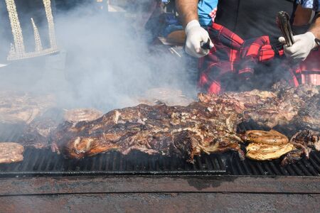Chef grilling meat during cookout picnic or food event. Meat mix variety:sausages, pork, chicken, lamb, sheep, sardines, fried or grilled, unhealthy protein concept. oily food, cancerigen foodの写真素材