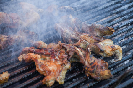 Chef grilling meat during cookout picnic or food event. Meat mix variety:sausages, pork, chicken,...