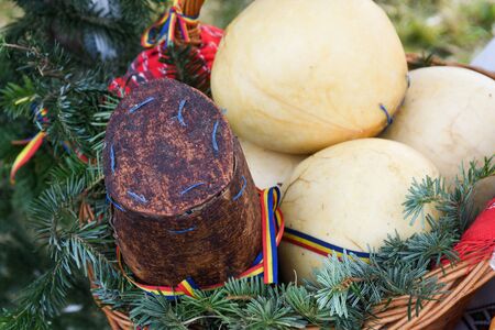 Branza de burduf, traditional sheep's milk cheese from south of Transilvania, Romanian specialty cheese, yellow round shape goat cheese balls homemade, tree bark covering, colored napkinの写真素材