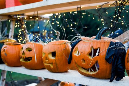 Outdoor pumpkin festival, Halloween authentic event, hand carved pumpkins in line, greatest pumpkin wall in the park. Halloween decorations in nature, artistic carving sculptureの写真素材