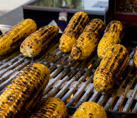 Grilled Corncob sweet corn en brochette in a close up shot. Corn on the cob outside. Grilled corn on...