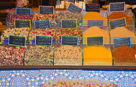 Assorted tea and spices specialties in Istanbul Turkey, Grand Bazaar