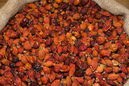 Dried rose hip or rosehip, also called rose haw and rose hep, is the accessory fruit of the rose plant.の写真素材