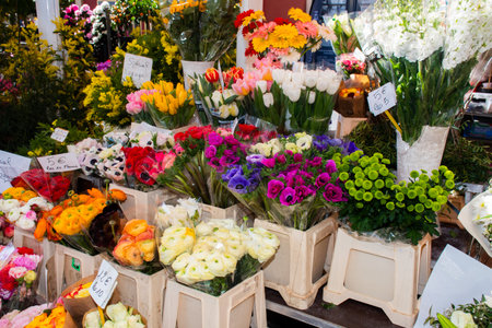 Nice, France, 25th of February 2020: Flowers for sale at the market. Flower market in Niceのeditorial素材