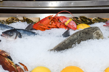 Fine selection of crustacean for dinner. Lobster, crab and jumbo shrimps and oysters on dark...