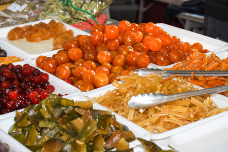 Nice, France, 24th of February 2020: Candied fruits for sale at the marketの写真素材