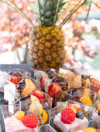 Candy bar food buffet by the pool, during hotel brunch, catering in the garden, food bloggers event, banquet, wedding, festive sweet dessert celebration party, mousse, cherry tart, fruit cupcakesの写真素材