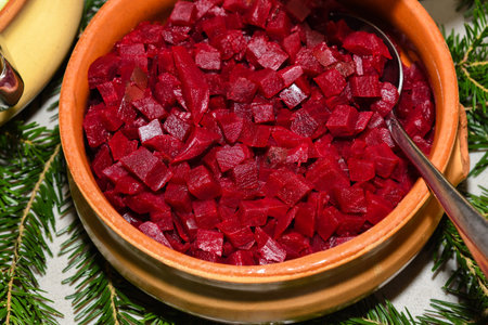 Food selection during Sunday brunch buffet in hotel. Fresh Food Buffet Brunch Catering Dining Eating Party Sharing Concept. Cucumber, pickles, olives, cabbage, beetroot salad mixの写真素材