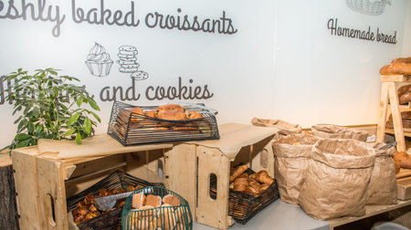 Selection self service continental breakfast buffet display, catering or brunch table food buffet...