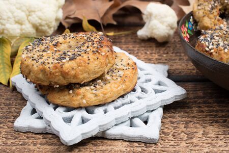 Healthy cauliflower rice bagels snack gluten free vegan low carb. Healthy eating concept. Gluten, lactose, sugar free recipeの写真素材