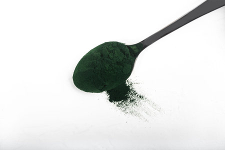 An isolated tablespoon of dried organic spirulina algae powder, on white or rustic background....