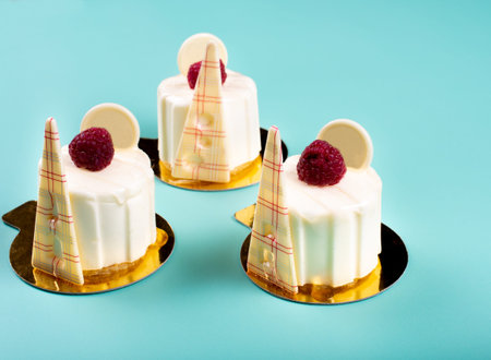 Mango & passion fruit cake dessert mousse. Minimalist conceptual design, flat lay with space for...