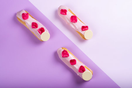 Mango & passion fruit cake dessert mousse. Minimalist conceptual design, flat lay with space for...