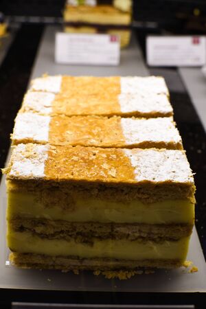 Various types of cakes, tart, mousse, pies for sale in bakery or pastry shop, gourmet luxury concept for candy bar. Happy birthday many slices of dessert specialties, luxury gourmet and elegant recipeの写真素材