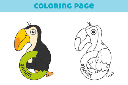 Coloring book with a cute little bird toucan. A simple game for preschool children. Vector illustration for books, coloring book, home leisure and educational materials.のイラスト素材