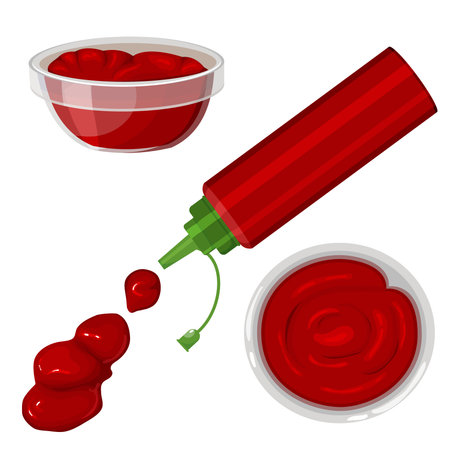 Vector set with a cartoon splash of ketchup isolated on a white background. Ketchup in bottles, in a bowls with a view from above and frontally. Vector illustration for app, games and menu.のイラスト素材