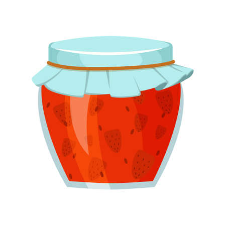 Cartoon glass jar with strawberry jam. Vector illustration isolated on a white background.のイラスト素材