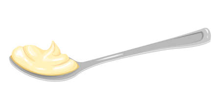 Cartoon silver spoon with mayonnaise, cream or cheese cream side view. Vector clipart isolated on a white background for a banners, apps with kitchen theme, menu and more.のイラスト素材