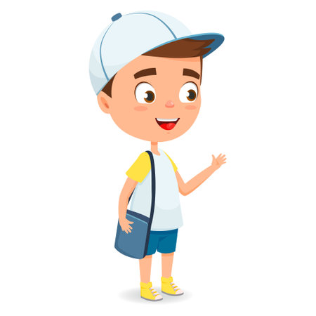 Schoolboy with with backpack . School time. Cute vector cartoon character for books, banners, certificate.のイラスト素材