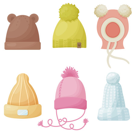 Set of children winter and autumn hats. Vector cartoon illustration for winter or fall design isolated on a white background.のイラスト素材