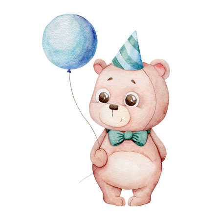 Adorable watercolor baby bear wearing a festive hat and a cute bow tie holding a colorful balloon, hand-painted animal illustration perfect for nursery decor, greeting cards, and kids designsの写真素材