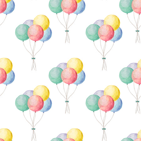 Watercolor seamless pattern with colorful balloon bunches on a white background. Bright festive design perfect for wrapping paper, greeting cards, party invitations, and childrens textile printsの写真素材