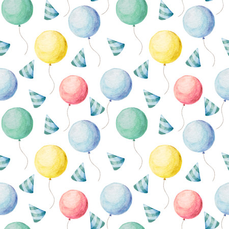 Seamless watercolor pattern with colorful balloons and party hats, hand-painted festive design in bright cheerful tones, perfect for birthday decoration, wrapping paper, textile, kids party and celebration themeの写真素材