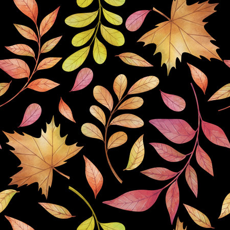 Watercolor autumn leaves pattern with colorful fall foliage on dark background. Cozy seasonal illustration for wrapping paper, textile, banner, stationery and decor designの写真素材