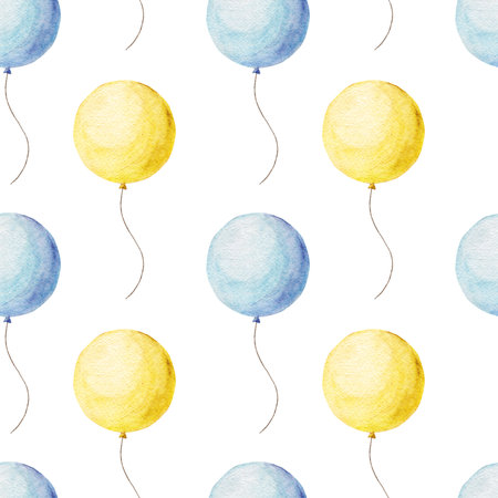 Seamless watercolor pattern with blue and yellow balloons, hand-painted festive design in bright cheerful colors, perfect for kids party decoration, wrapping paper, textile and birthday backgroundの写真素材