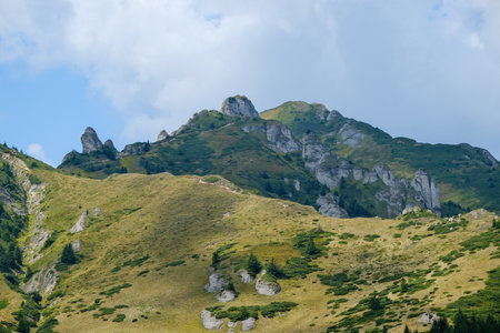 Wide open mountain meadow with rocky peaks in background and blue sky.の写真素材