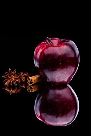 Red gloss apple with white hotspots on the sides standing with cinnamon stick and a few anise stars.の写真素材