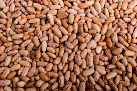 Natural background of many fresh organic red beans in warm light, top view or flat lay of healthy...