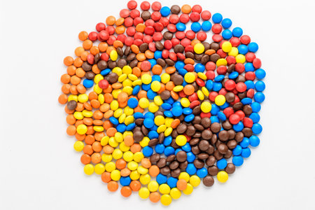 Large group of small mixed colored chocolate coated candies on a  table, isolated on white...