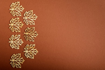 Seven delicate light brown wooden leaves on textured brown cardboard background, displayed on left...
