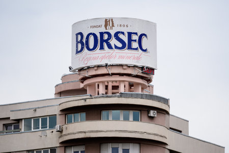 Bucharest, Romania - June 6, 2020: Large sign with logo for Borsec mineral water is displayed on a rooftop of a building in downtownのeditorial素材