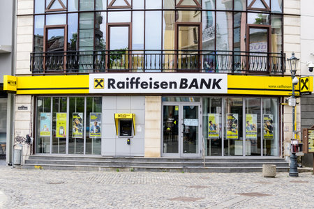 Bucharest, Romania - June 6, 2020: Raiffeisen Bank branch entrance in downtownのeditorial素材