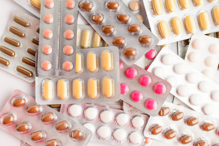 Close up of different medicine pills, tablets and vitamins isolated on white background, pharmaceutical picture taken with soft focusの写真素材