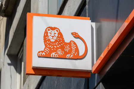 Bucharest, Romania - 31 March 2019: Main entry to an ING Bank branch in a historical building in downtown in a sunny autumn dayのeditorial素材