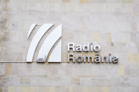 Bucharest, Romania, 6 February 2021 - Sign at the entry of the bulding of the Romanian Radio Broadcasting Company (Societatea Romana de Radiodifuziune)のeditorial素材